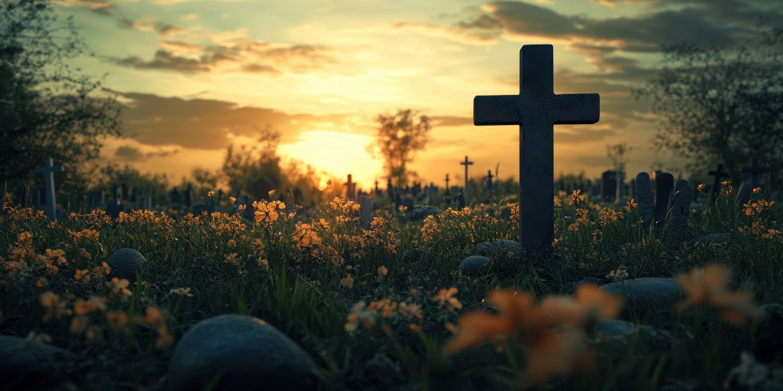 Sunset over a serene graveyard filled with blooming flowers and a prominent cross standing tall among the gravestones